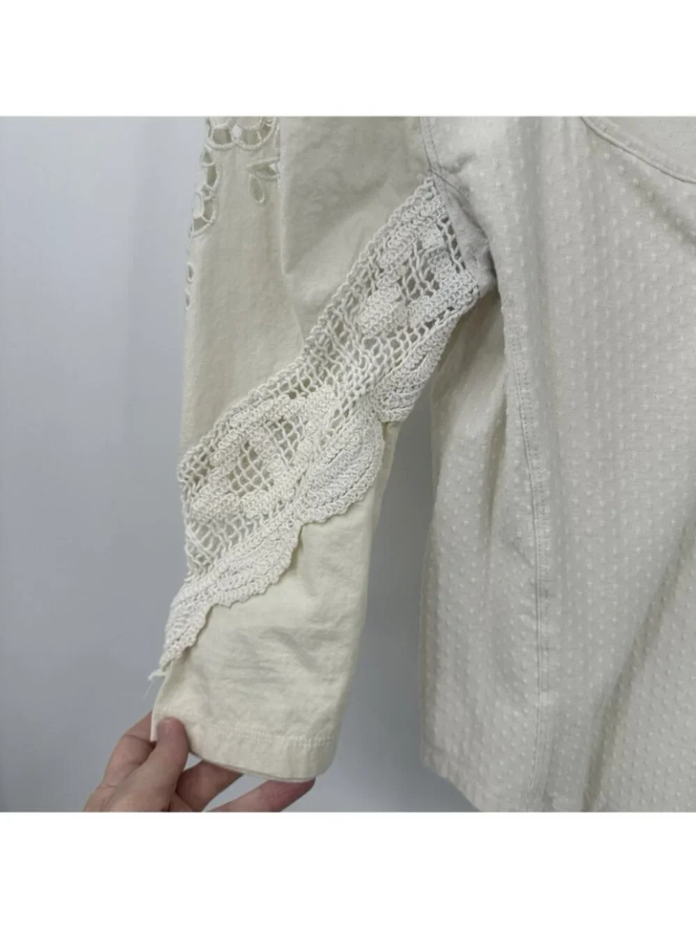 FREE PEOPLE shirt top brunch date ivory MEDIUM puff sleeve crochet boho cropped